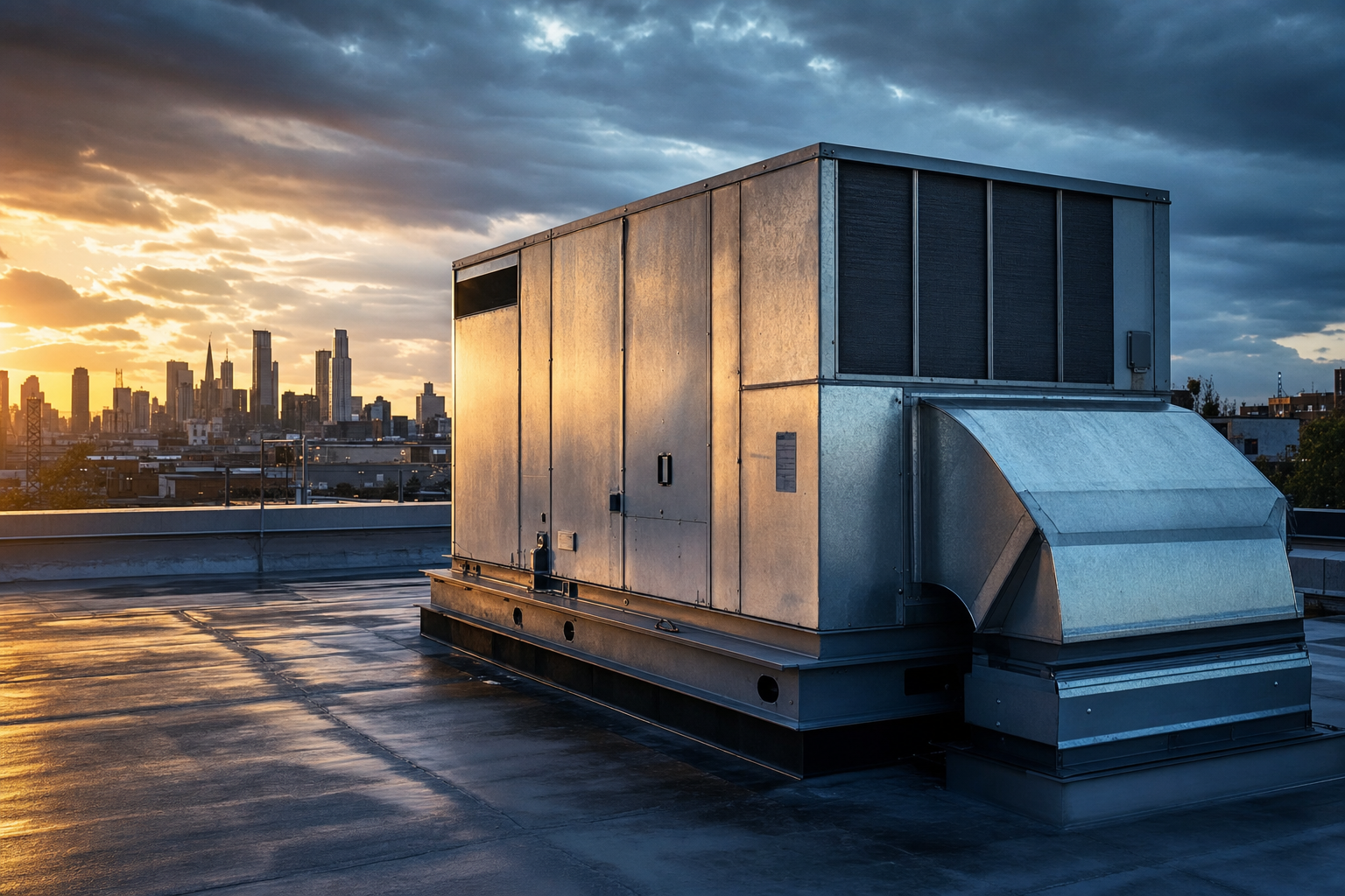 A commercial packaged rooftop HVAC unit installed on a flat roof at golden hour with a city skyline behind it