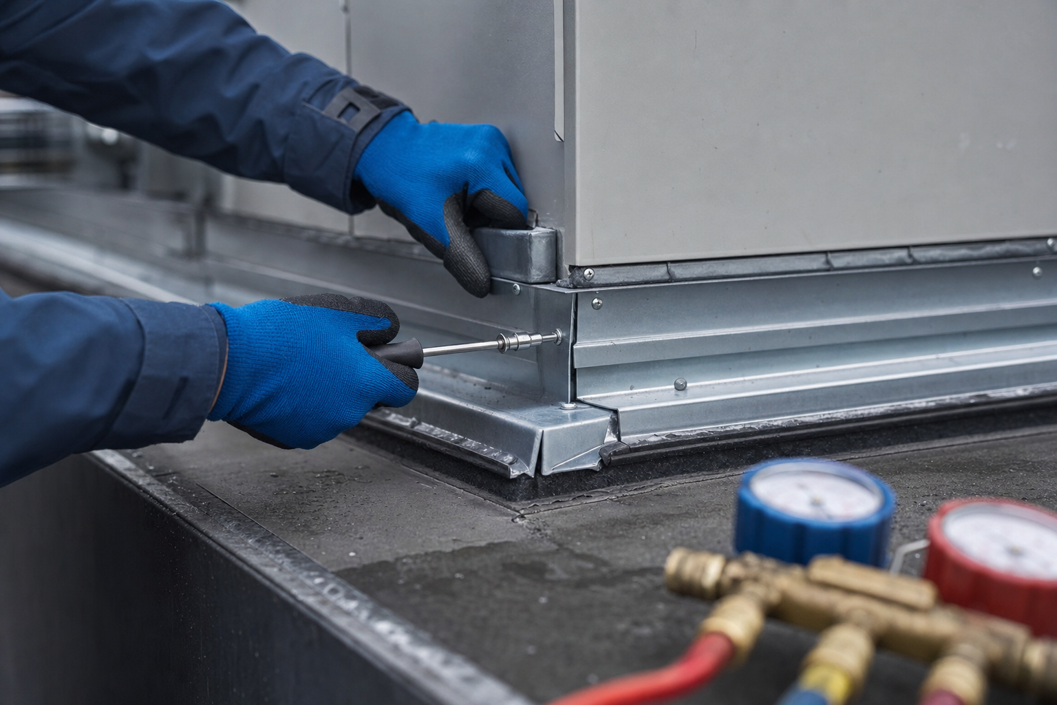HVAC technician's gloved hands working on residential equipment